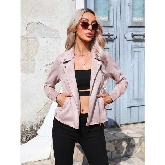 vegan suede Zip Up Solid Moto Jacket camel brown tan - Picture 4 of 12